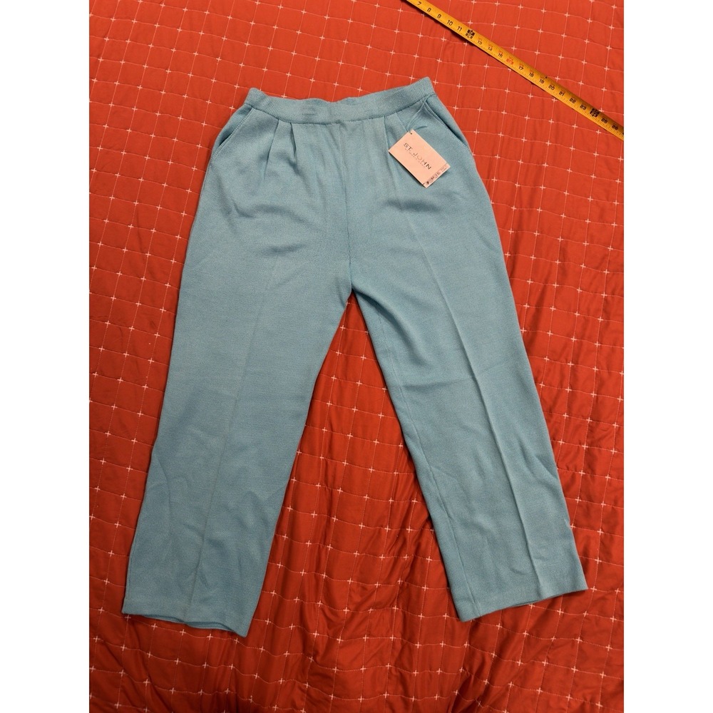St. John Evening Marie Gray Turquoise Wool Blend Knit Pants Size 12 NWT $340